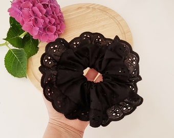 Large black broderie scrunchie with anglaise lace -  Handmade in UK