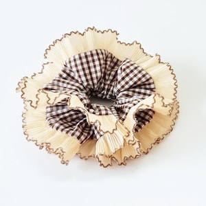 Brown gingham double layer scrunchie with beige and brown frill pleated lace trim - Handmade in UK