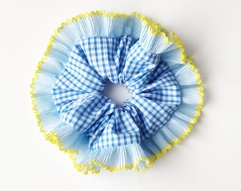 Blue gingham scrunchie with ruffle blue and yellow trim - Handmade in UK