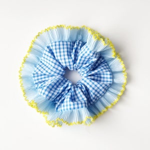 Blue gingham scrunchie with ruffle blue and yellow trim - Handmade in UK