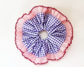 Purple gingham scrunchie with pink ruffle trim - Handmade in UK