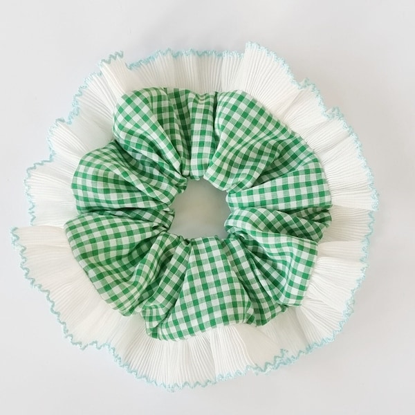 Green gingham scrunchie with ruffle trim - Handmade in UK