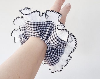 Black and white gingham scrunchie with ruffle trim - Handmade in UK