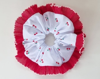 White and cherry scrunchie with dark red pleated ruffle trim - Handmade in UK