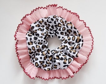 Leopard scrunchie with pink frilling trim - Handmade in UK