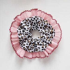 Leopard scrunchie with pink frilling trim - Handmade in UK