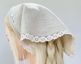 Linen hair bandana in natural colour - head kerchief with light beige cotton lace trim - Handmade in UK