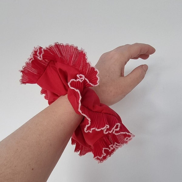 Dark red ruffled scrunchie with wine red /pink frilling - Handmade in UK