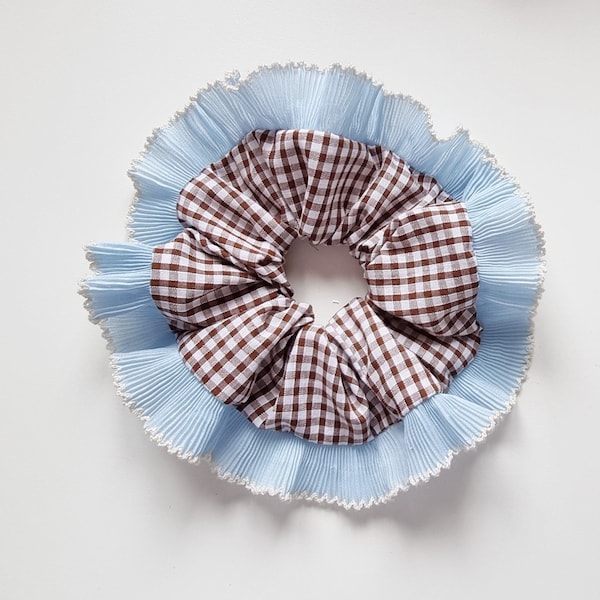 Brown gingham scrunchie with light blue frilling trim - Handmade in UK