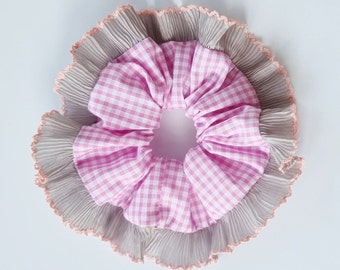 Pink gingham scrunchie with grey pleated ruffle trim - Handmade in UK