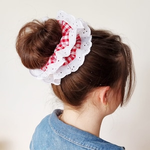 Broderie aglaise lace scrunchie - XL size red gingham 2 layers Scrunchie - Handmade in UK