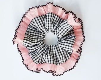 Black gingham scrunchie with pink ruffle trim - Handmade in UK