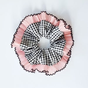 Black gingham scrunchie with pink ruffle trim - Handmade in UK