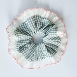 Sage green gingham scrunchie with pleated frilly trim - Handmade in UK