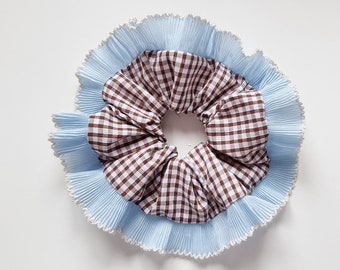 Brown gingham scrunchie with light blue frilling trim - Handmade in UK