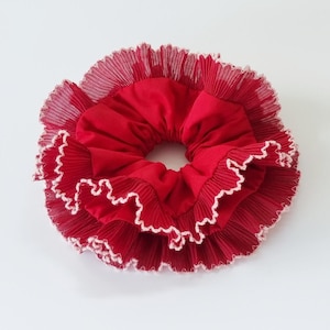 Oversized red double layer scrunchie with dark red and pink edges frill lace trim - Handmade in UK