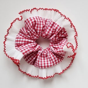 Red gingham scrunchie with white ruffle trim - Handmade in UK