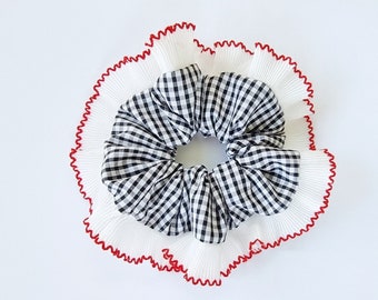 Black gingham scrunchie with ruffle trim - Handmade in UK