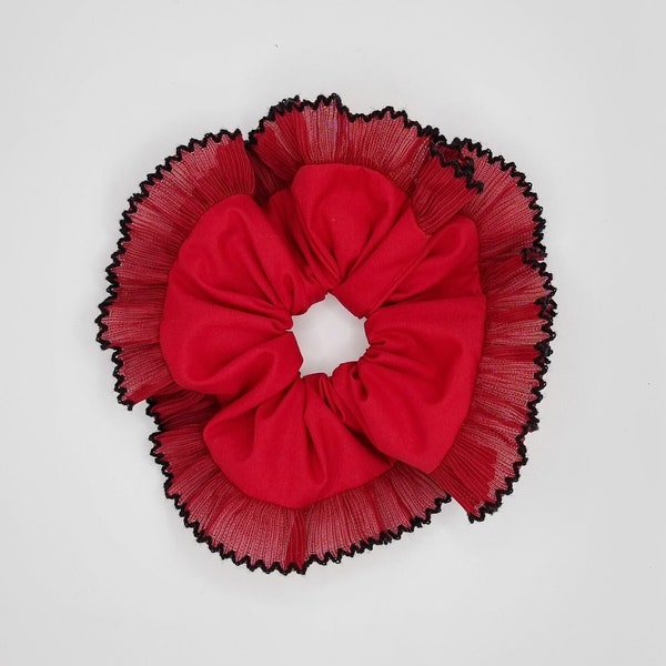 Dark red ruffled scrunchie with wine red /black frilling - Handmade in UK