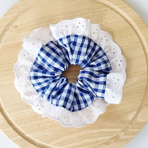 Royal blue and white gingham scrunchie with white broderie lace - Handmade in UK