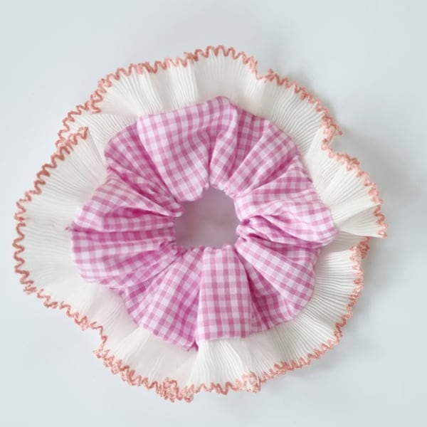 Pink gingham scrunchie with pleated ruffle trim - Handmade in UK