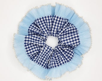 Navy blue gingham scrunchie with light blue ruffle trim - Handmade in UK