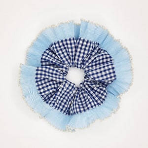 Navy blue gingham scrunchie with light blue ruffle trim - Handmade in UK