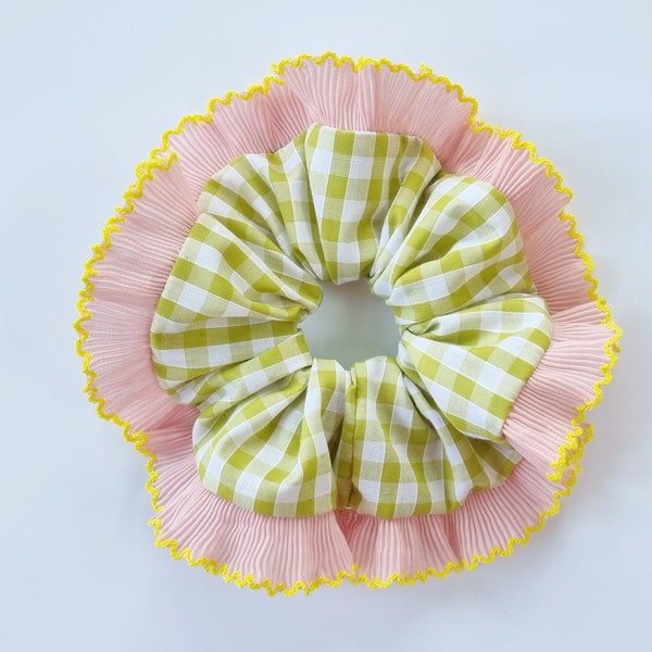 Olive green gingham scrunchie with pink and yellow pleated ruffle trim - Handmade in UK