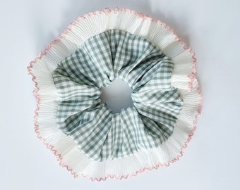 Sage green gingham scrunchie with pleated frilly trim - Handmade in UK