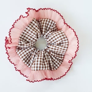 Brown gingham scrunchie with pink frilling trim - Handmade in UK