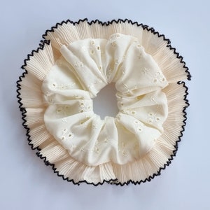 Cream broderie scrunchie with beige and black filli trim - Handmade in UK