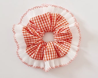 Orange gingham scrunchie with pleated white and pink frill trim - Handmade in UK