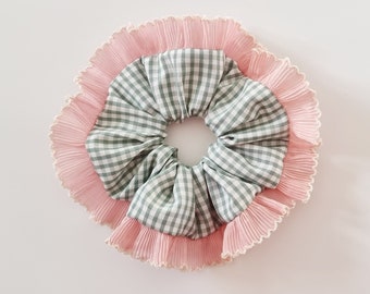 Sage gingham scrunchie with pink pleated ruffle trim - Handmade in UK