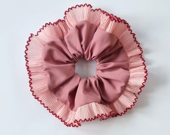 Dusky pink scrunchie with pink frilling trim - Handmade in UK