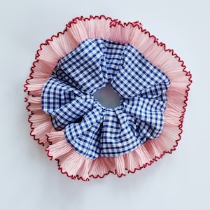 Navy blue gingham scrunchie with pink ruffle trim - Handmade in UK