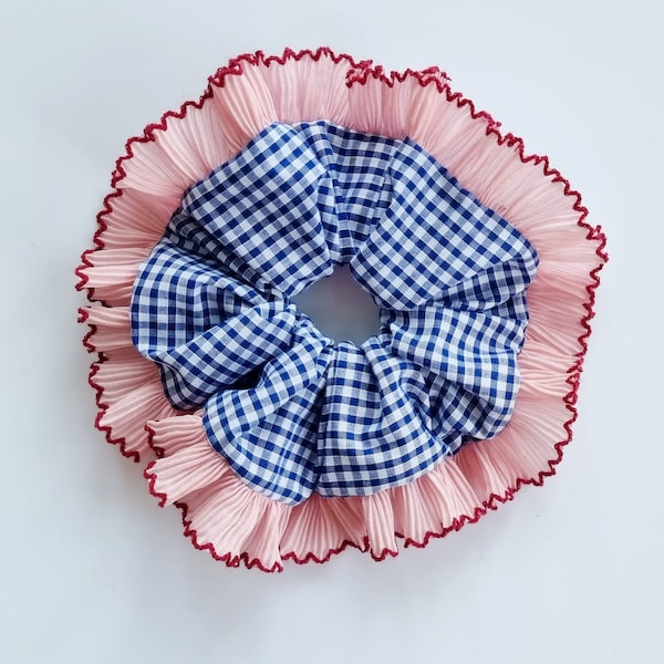 Navy blue gingham scrunchie with pink ruffle trim - Handmade in UK