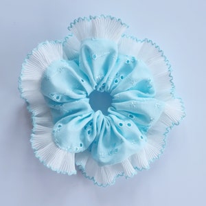 Turquoise blue broderie scrunchie with white  filly trim - Handmade in UK