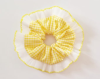 Yellow gingham scrunchie with pleated white and yellow frill trim - Handmade in UK