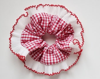 Red gingham scrunchie with white ruffle trim - Handmade in UK
