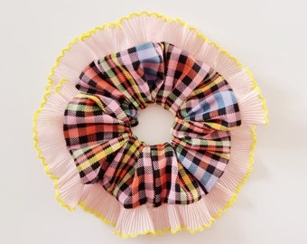 Checked multi color scrunchie with pink and yellow ruffle trim - Handmade in UK