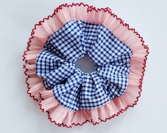 Handmade Navy Gingham Scrunchie with Pink Ruffle Trim