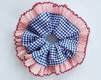 Navy blue gingham scrunchie with pink ruffle trim - Handmade in UK