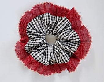 Black gingham scrunchie with wine red frilling trim - Handmade in UK