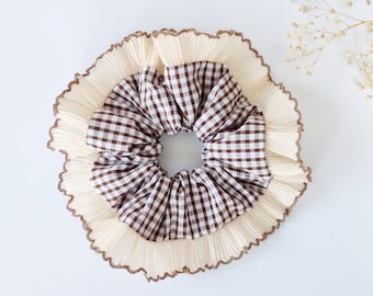 Brown gingham scrunchie with beige filli trim - Handmade in UK