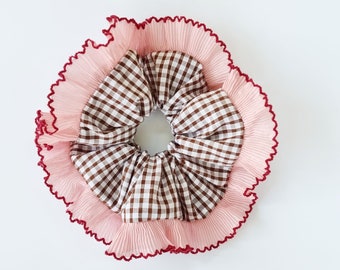 Brown gingham scrunchie with pink frilling trim - Handmade in UK