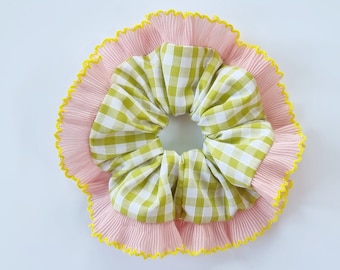 Olive green gingham scrunchie with pink and yellow pleated ruffle trim - Handmade in UK