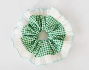 Green gingham scrunchie with ruffle trim - Handmade in UK