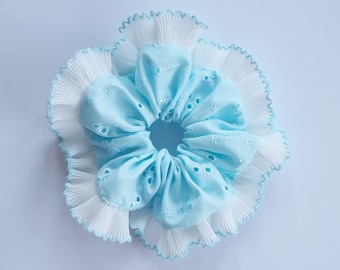 Turquoise blue broderie scrunchie with white  filly trim - Handmade in UK