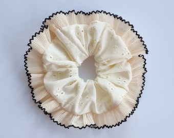 Cream broderie scrunchie with beige and black filli trim - Handmade in UK