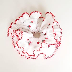 Handmade Cherry Scrunchie: Red Frill Trim, XL Polycotton Hair Tie